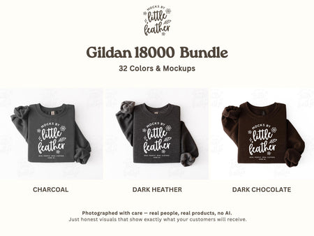 The image is a bundle of 32 different color and mockup variations of a garment, specifically a shirt, with the text "Gildan 1800 Bundle" and "32 Colors & Mockups" displayed.
