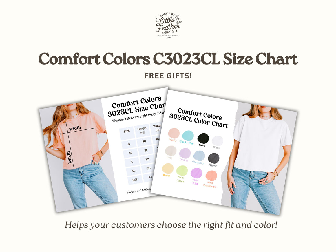 Size chart cards for boxy crop T-shirt, with model measurements