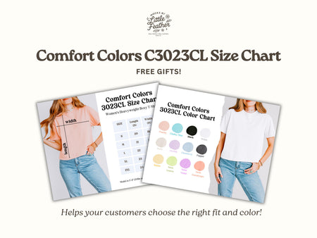 Size chart cards for boxy crop T-shirt, with model measurements