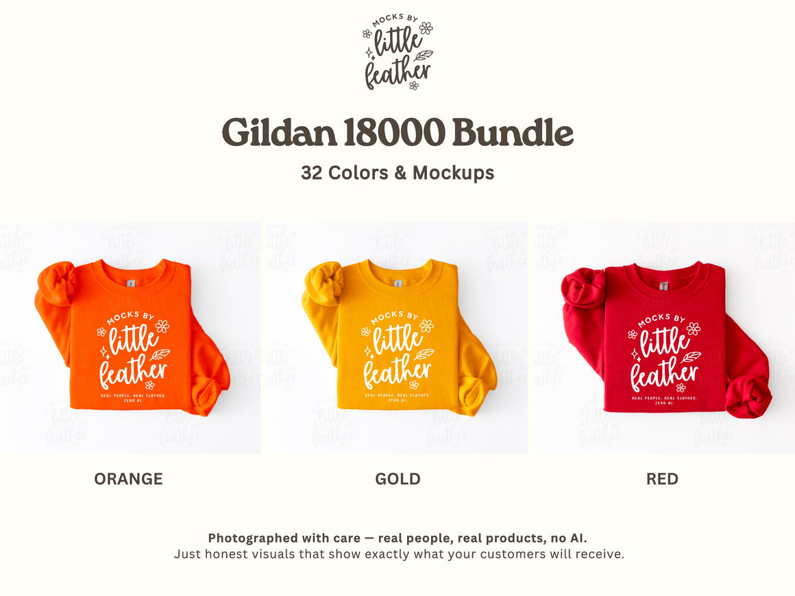 The image is a bundle of 32 different color and mockup variations of a Gildan 1800 sweater, including orange, gold, and red.