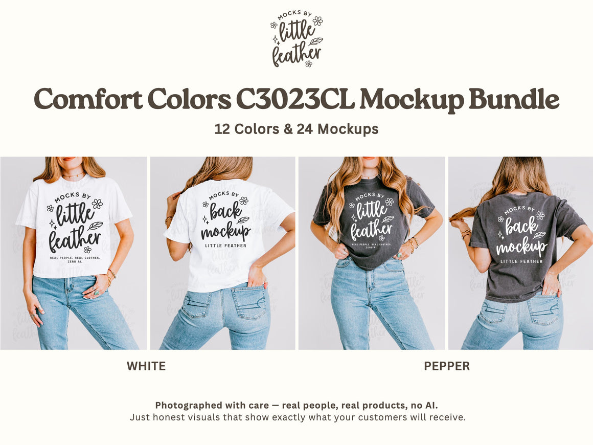 Boxy crop T-shirt mockups on model, white and dark gray front prints
