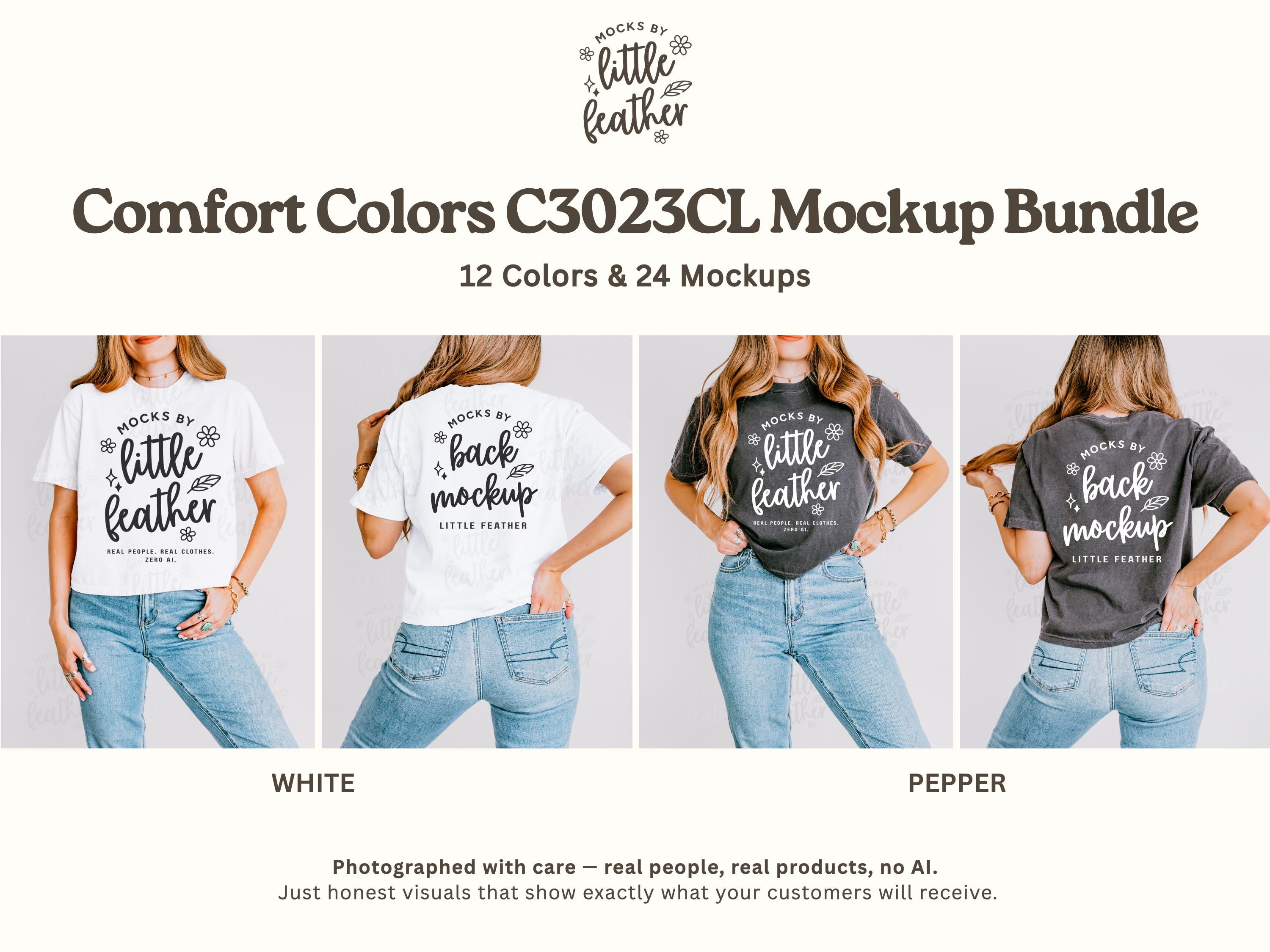 Boxy crop T-shirt mockups on model, white and dark gray front prints