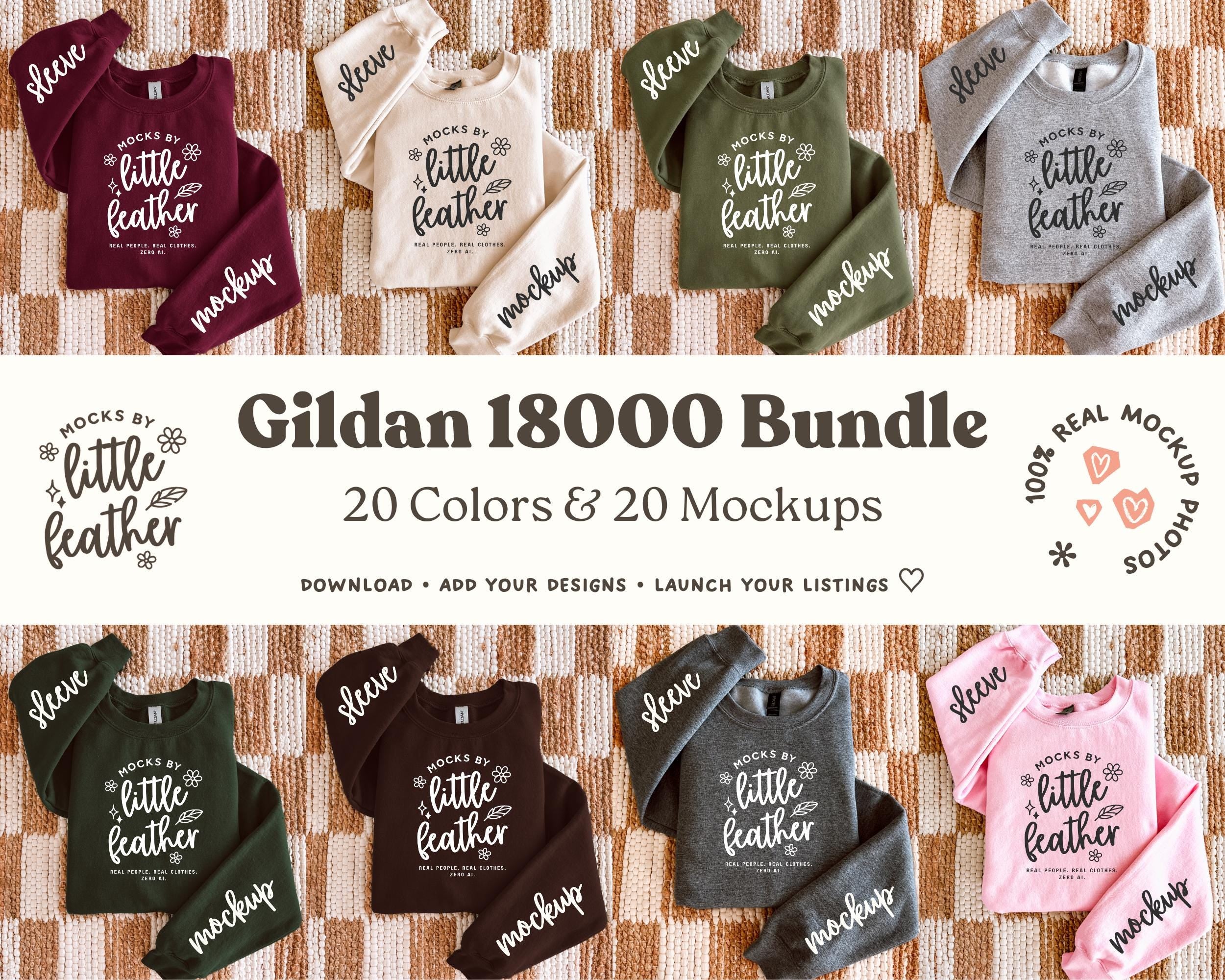 Gildan 18000 Mockup Flat Lay Bundle | 20 Popular Folded G180 Sweatshirt Colors | Sleeve Mockups | MocksByLittleFeather