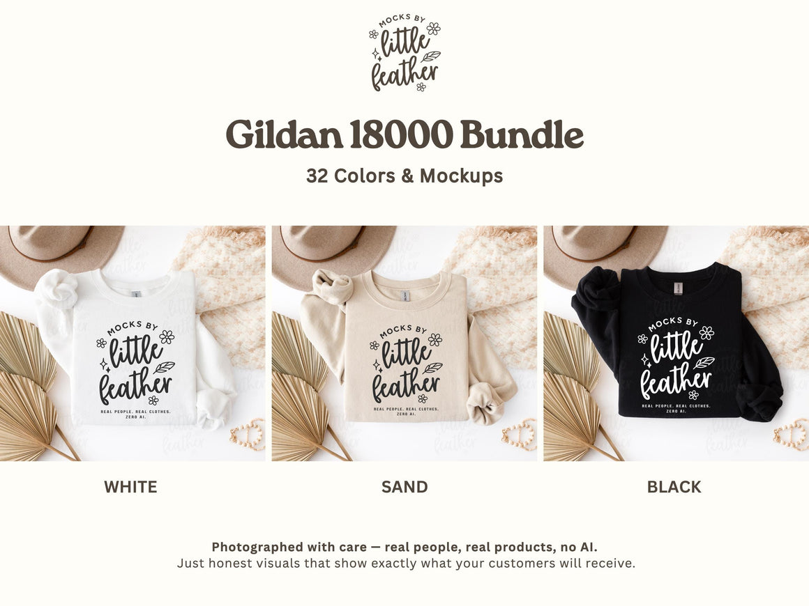 The image is a promotional image for a Gildan 1800 Bundle, which includes 32 different colors and mockups of the shirts. The shirts are displayed in three different color variations: white, black, and beige. The image also includes a hat and some decorative elements, such as leaves, to showcase the variety of the bundle.