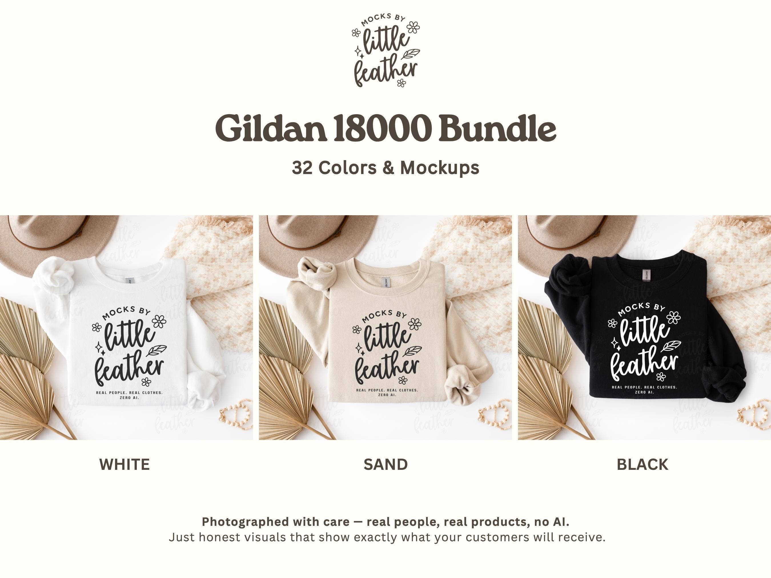 The image is a promotional image for a Gildan 1800 Bundle, which includes 32 different colors and mockups of the shirts. The shirts are displayed in three different color variations: white, black, and beige. The image also includes a hat and some decorative elements, such as leaves, to showcase the variety of the bundle.