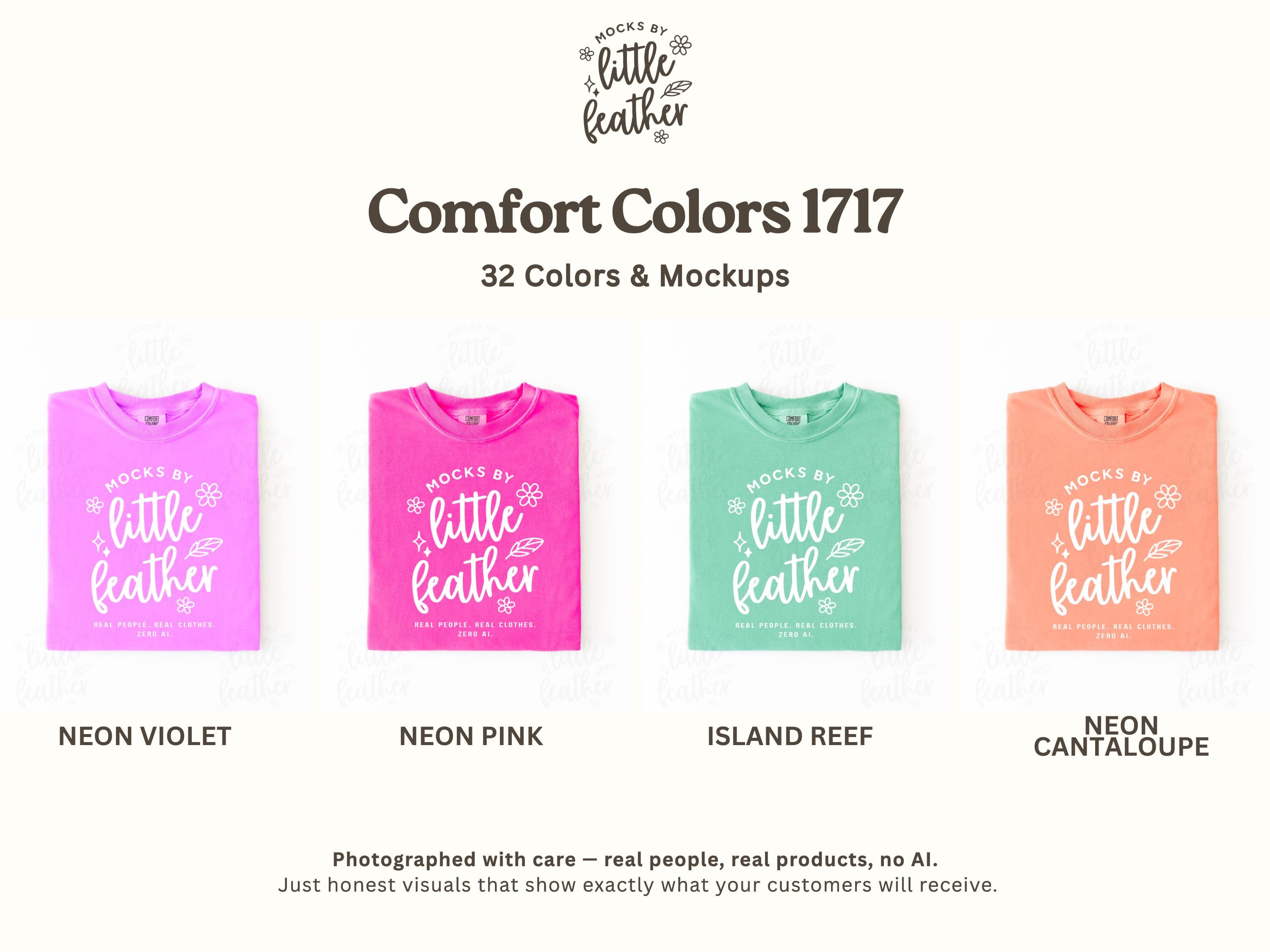 Folded crewneck t-shirts in neon violet, neon pink, island reef, and neon cantaloupe