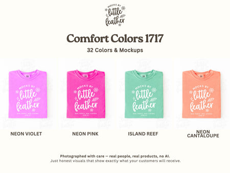 Folded crewneck t-shirts in neon violet, neon pink, island reef, and neon cantaloupe