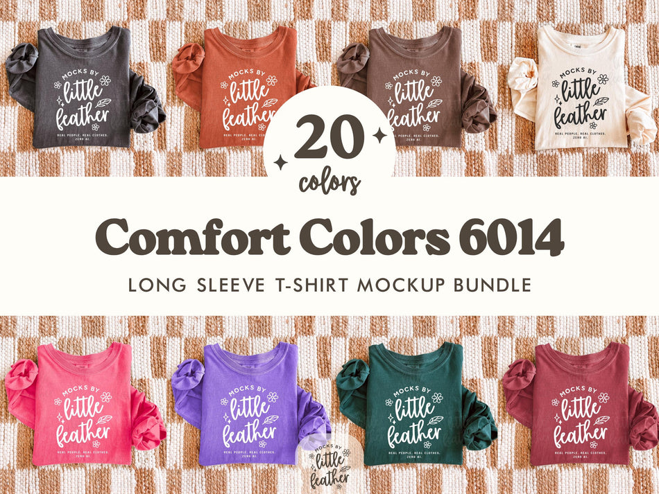 Long-sleeve t-shirt mockup bundle, folded flat lay of multiple color options.