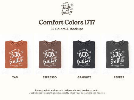 Folded crewneck t-shirts in yam, espresso, graphite, and pepper, flat lay mockups